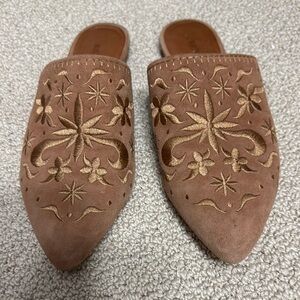 Bernardo Embroidered Suede Tan Mules
